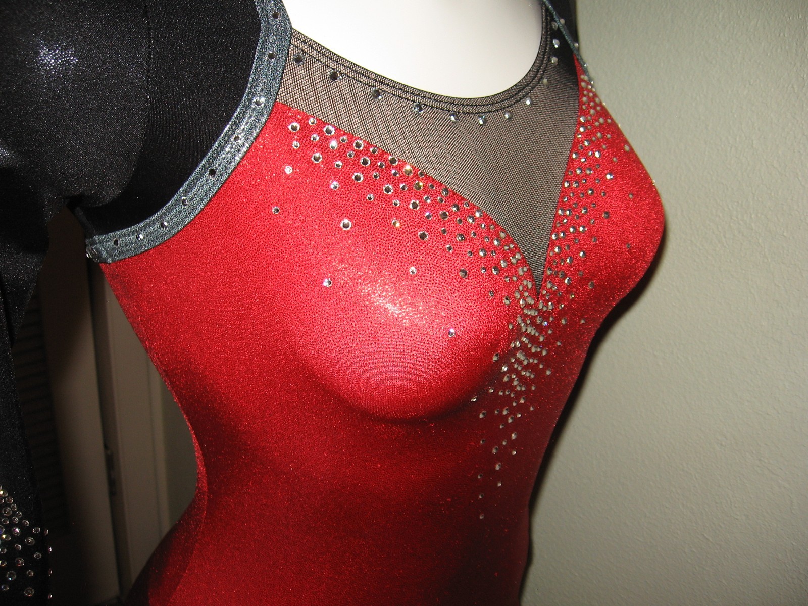 GK Leotard Bodysuit Red Foil ¾ Sleeve Adult X Small 100’s Shiny Crystals Costume