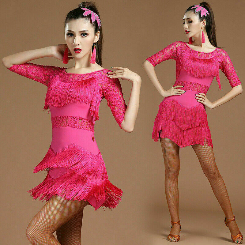 Women Latin Dance Dress Tassel Salsa Cha Cha Ballroom Costume Tango Rumba NR9
