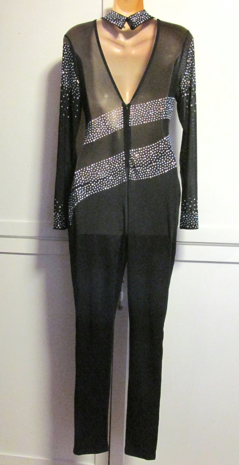Black Silver Rhinestone Long Sleeve Abstract Unitard Full Body Suit – Women’s M