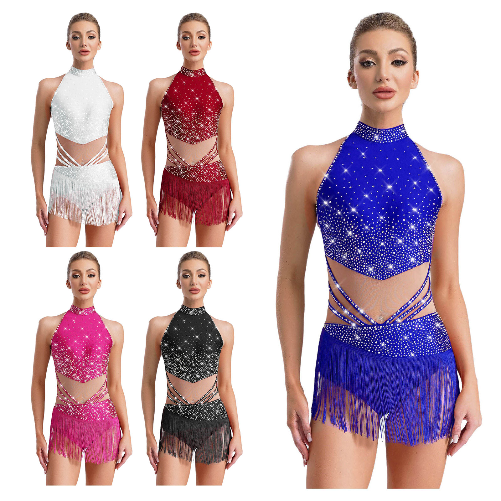 US Women Bodysuit Cocktail Costume Adorned Dancewear Gymnastics Mock Neck Ballet