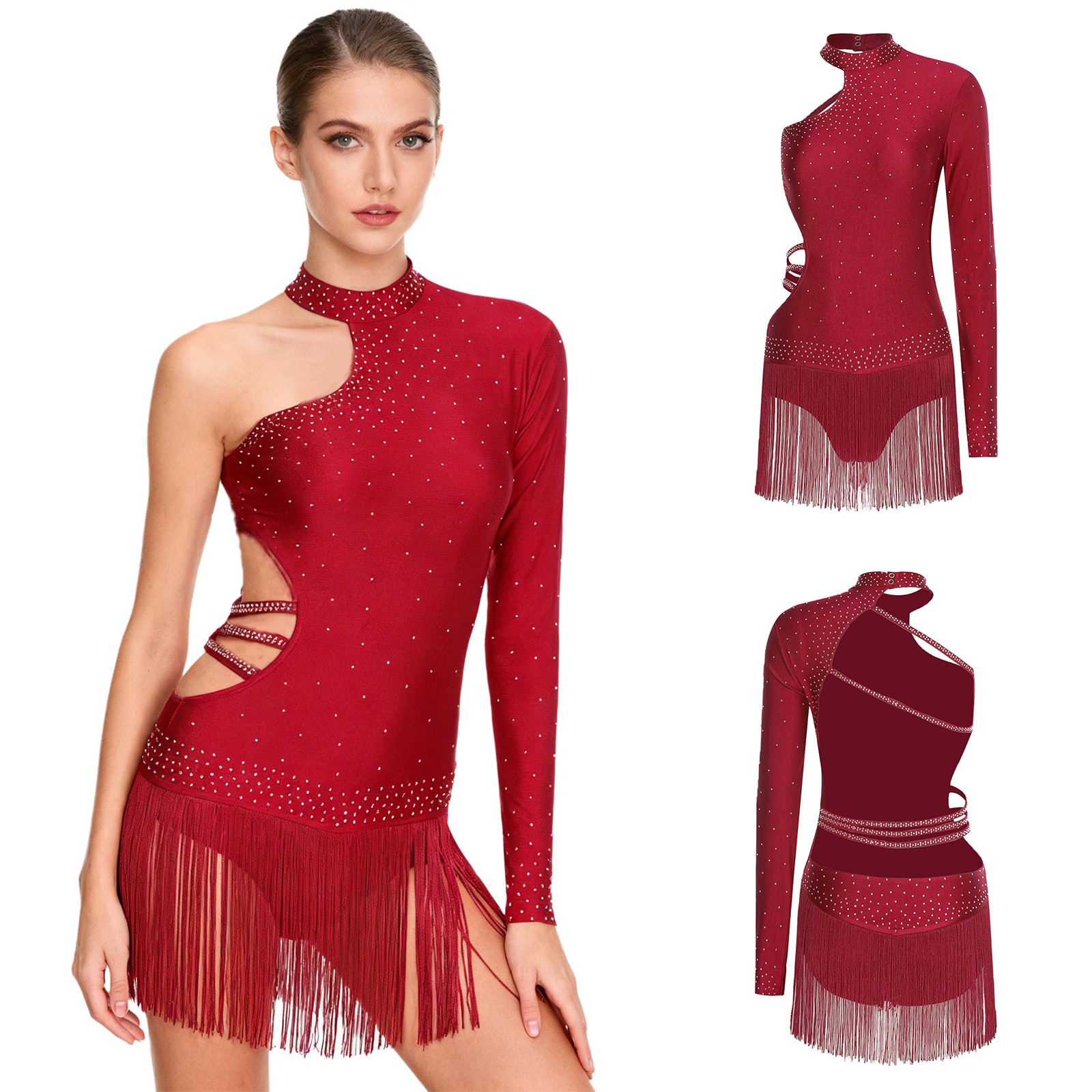 Womens Latin Dance Glitter Bodysuit Long Sleeve Tassel Leotard Jumpsuit Proms
