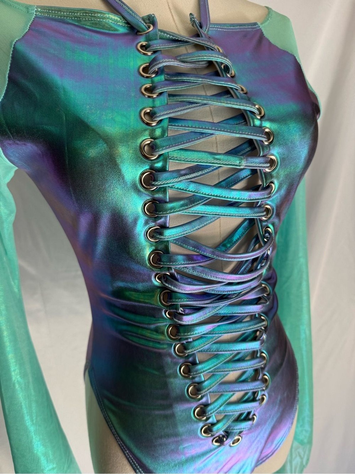 J. Valentine Metallic Iridescent Lace Up Rave Bodysuit Turquoise Green L/XL