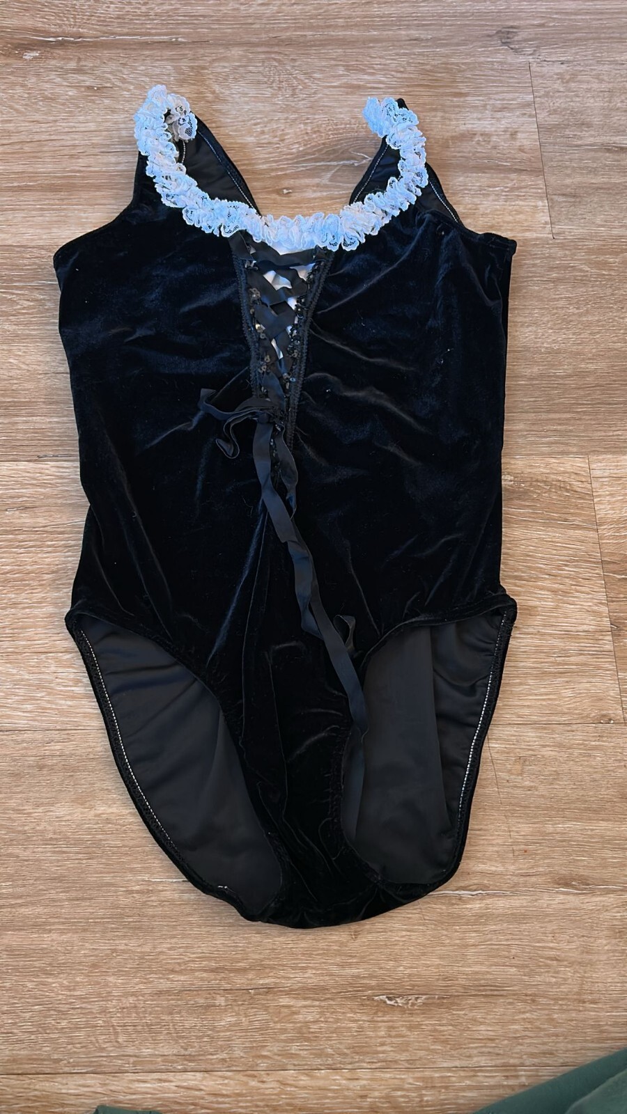 Womens Velvet Leotard Dance Bodysuit Top Small Black White Lace Trim Sleeveless