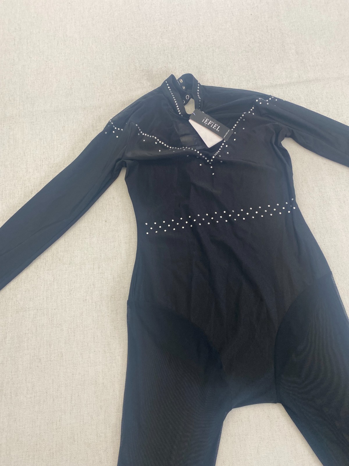 iEFiEL Leotard Catsuit Womens Size M Black Rhinestone Long Sleeve High Neck NWT