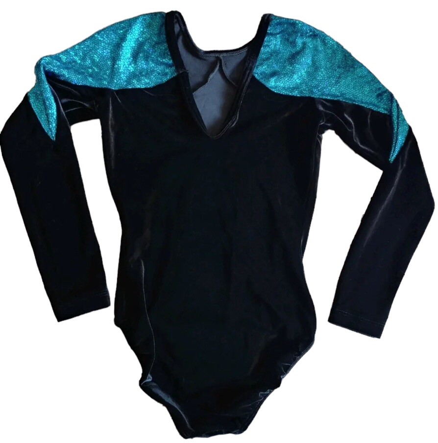 GK ELITE Gymnastics Leotard BLUE FOIL Black Velvet Adult XS Competition Long Slv