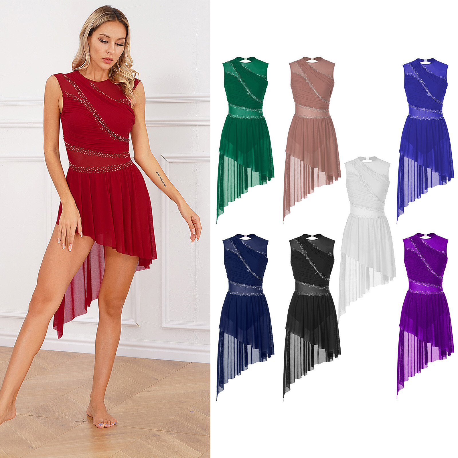 US Women’s Figure Skating Dress Shiny Sheer Mesh Irregular Lyrical Dance Costume
