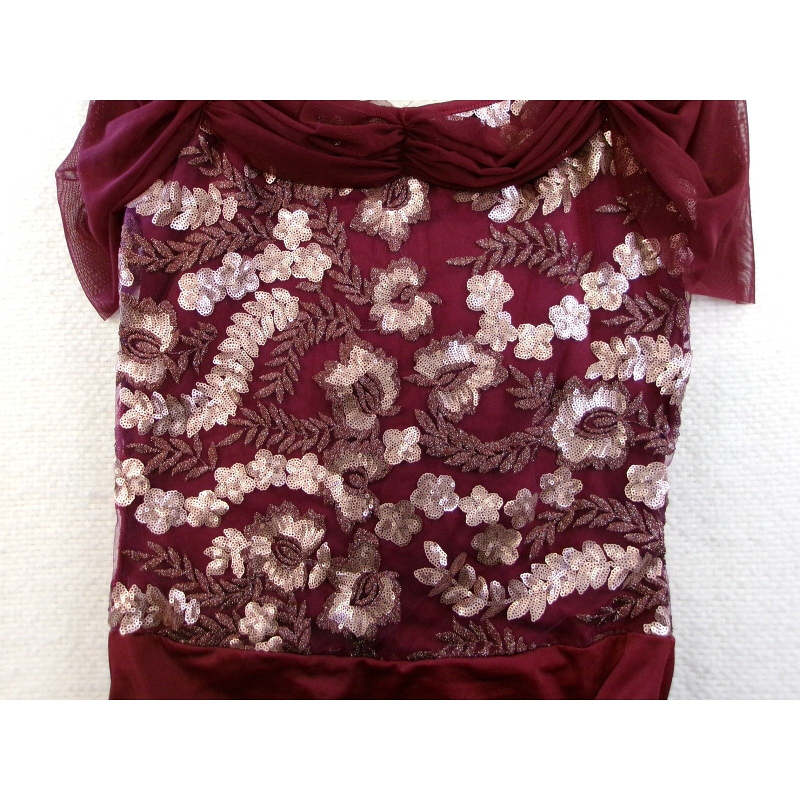 Dansco Fina Leotard Women Large Burgundy Sequin Floral Off Shoulder