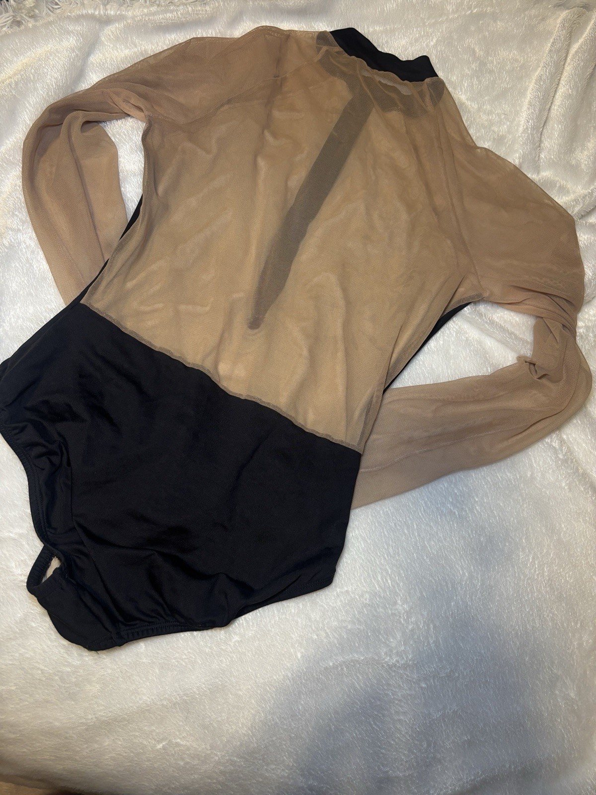 Women’s Black Solid Leotard Nude/Beige Sheer Mesh Long Sleeves Nylon