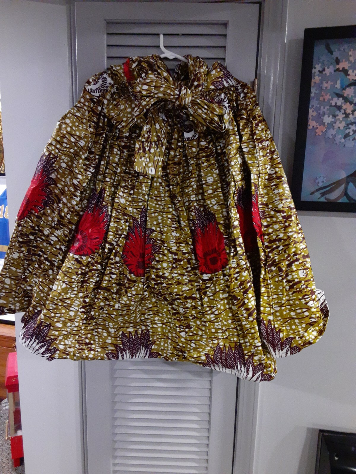 Sakka African, Red Flower Print Brown Skirt, bow Costume Dance adult free size