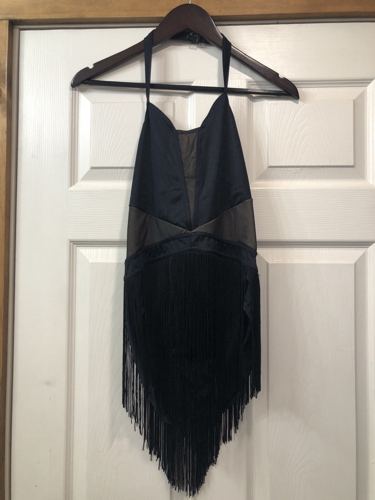 Weissman Balera dance costume black LUSTRE FRINGE HALTER DRESS D11359 MA (A11)