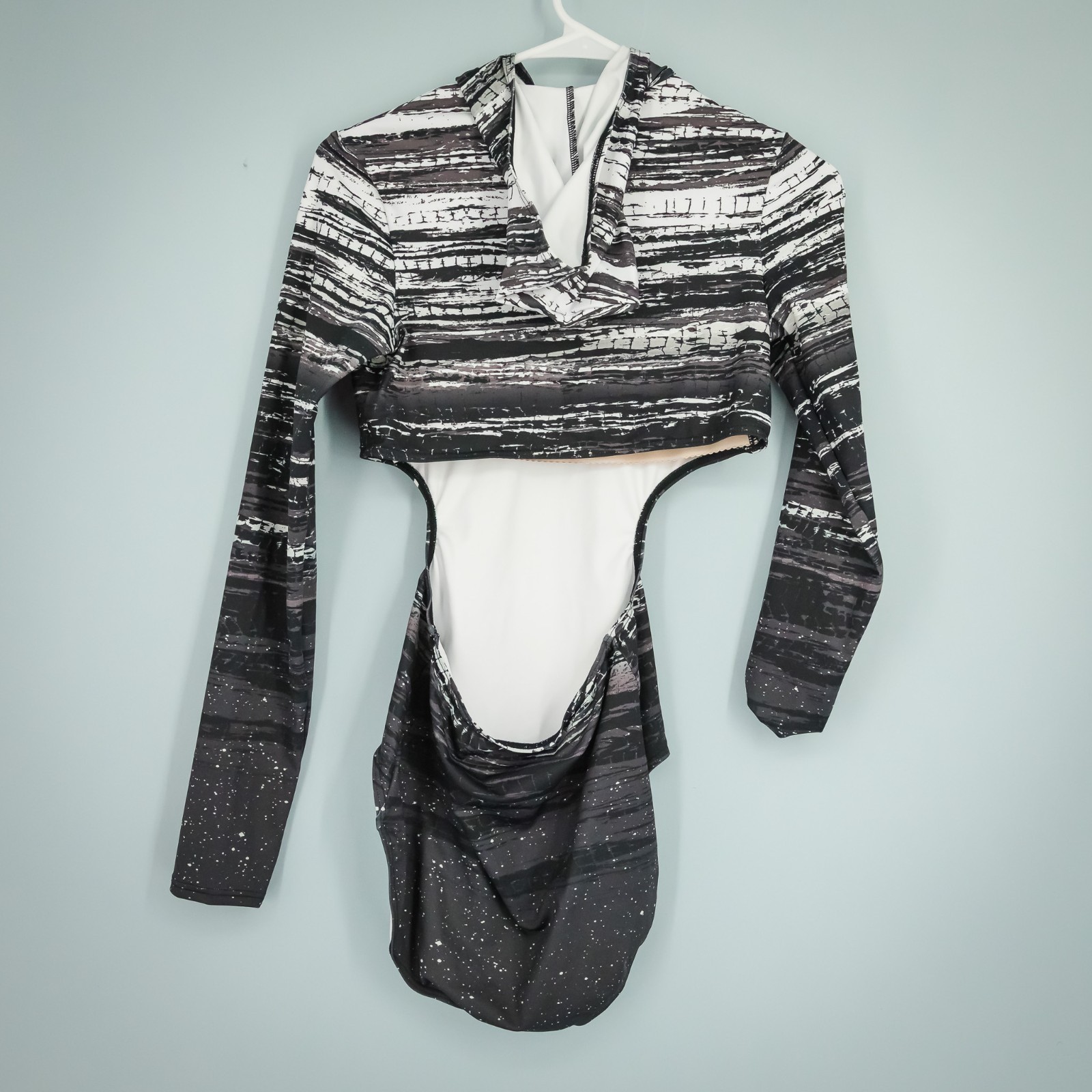 Weissman Size Medium M Black Grayed Out Hoodie Printed Cut Out Leotard Costume