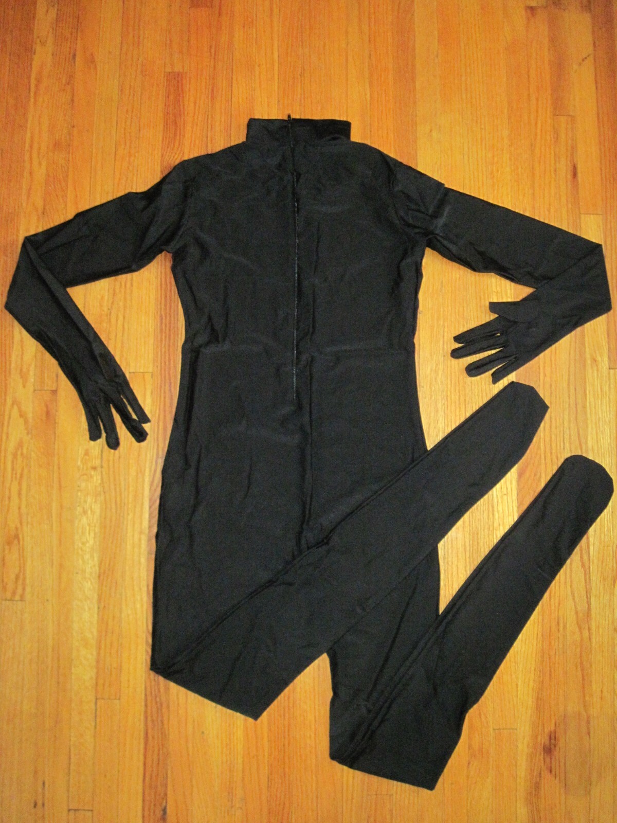 Plus Size Shiny Black Long Sleeve T Neck Footed Unitard W/Hands Sz XL-14-16 New
