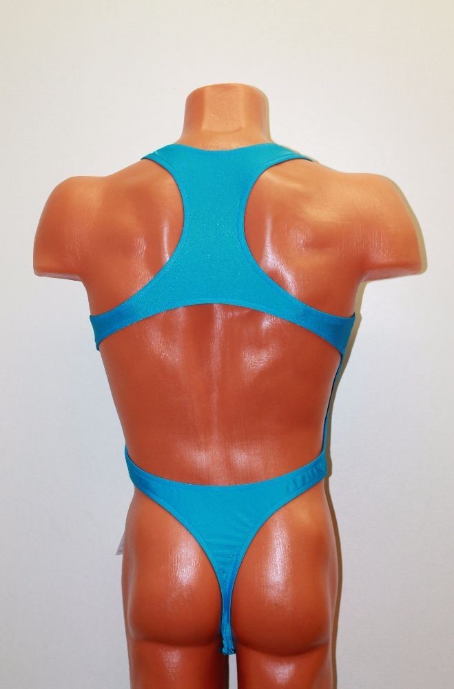 Men Thong Leotard 152-14 Racerback Blue and Light Blue Spandex Size L