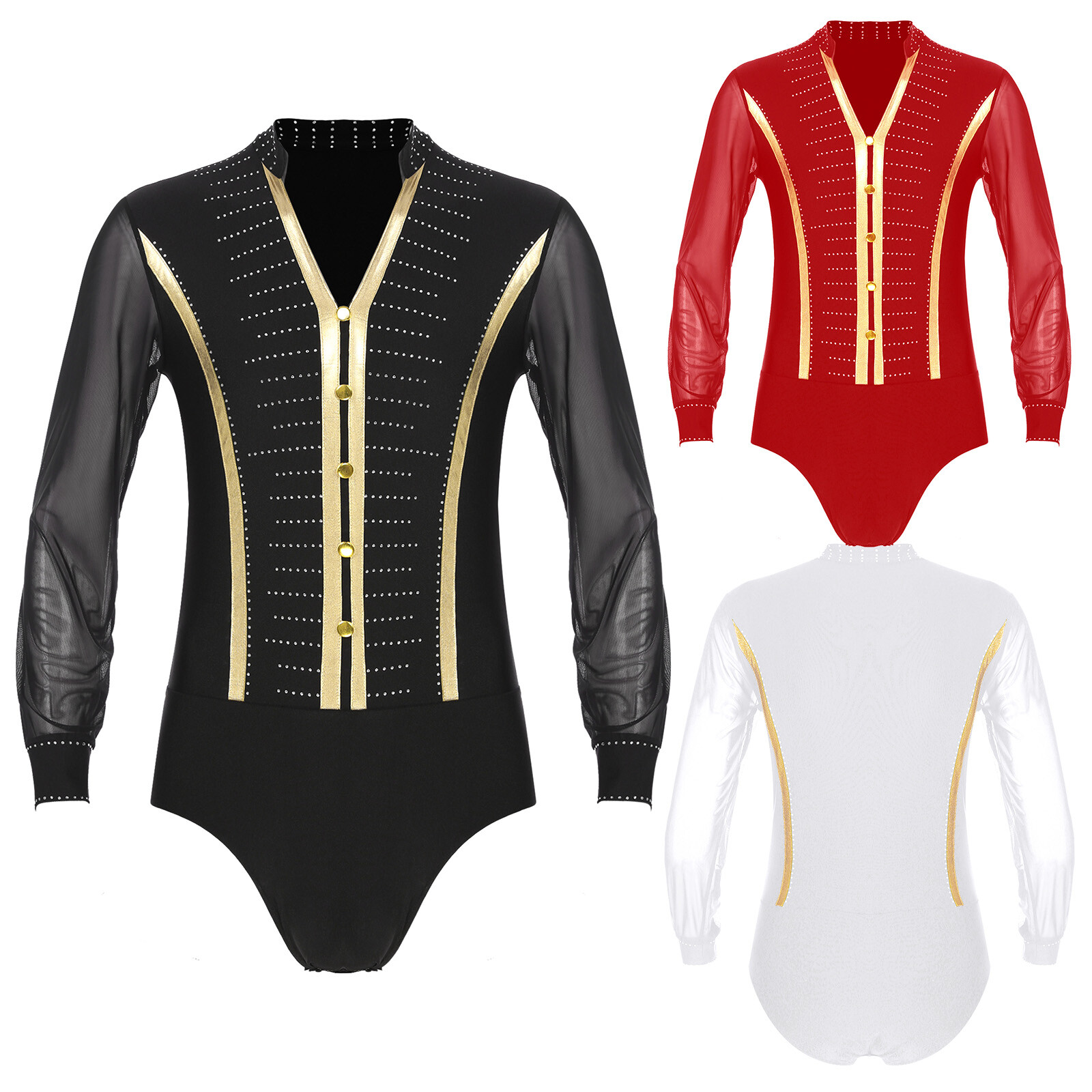 Mens Rhinestones Long Sleeve V Neck Bodysuit Ballroom Latin Samba Dance Leotard