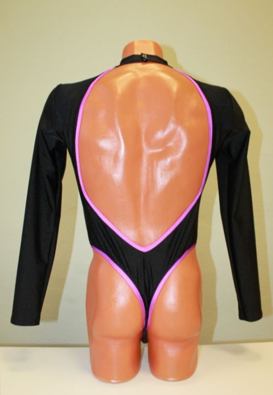Men Thong Leotard 159-05 Long Sleeve High Collar Open Back Black Spandex Size S