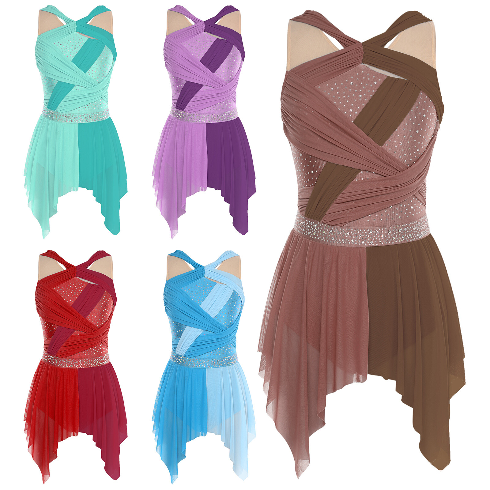 Womens Dress Lyrical Costume Sleeveless Dancewear Ruched Dance Color Block Hem