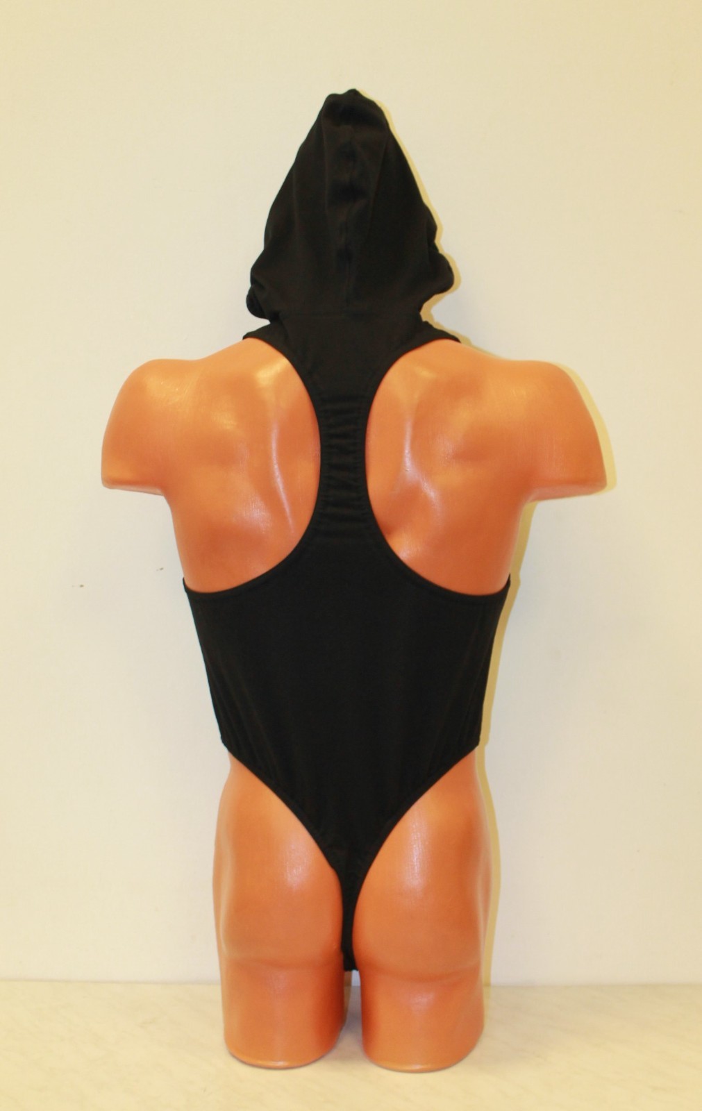 Men Thong Leotard 153-64 Hood Hole Crotch Black Spandex Size L