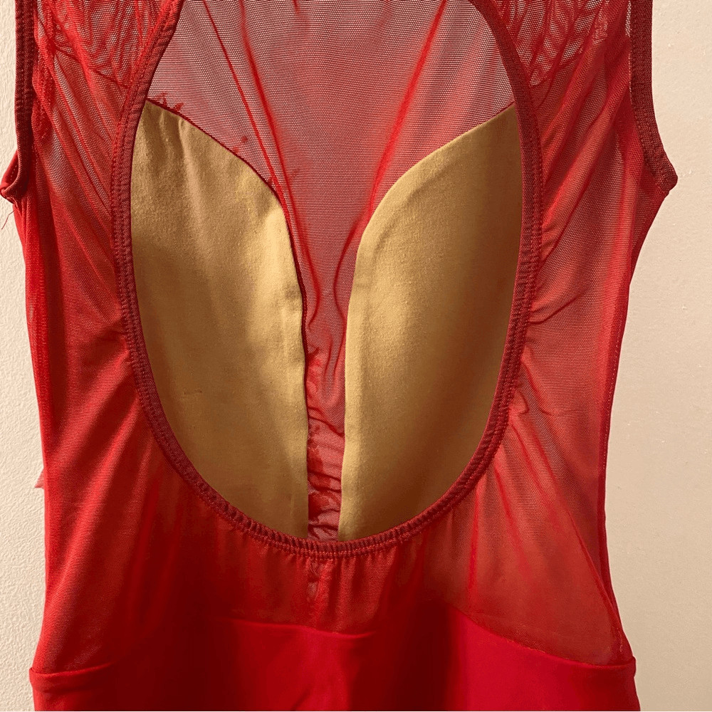 Ilogear Glamorous red custom solo dance costume leotard rhinestone mesh MA adult