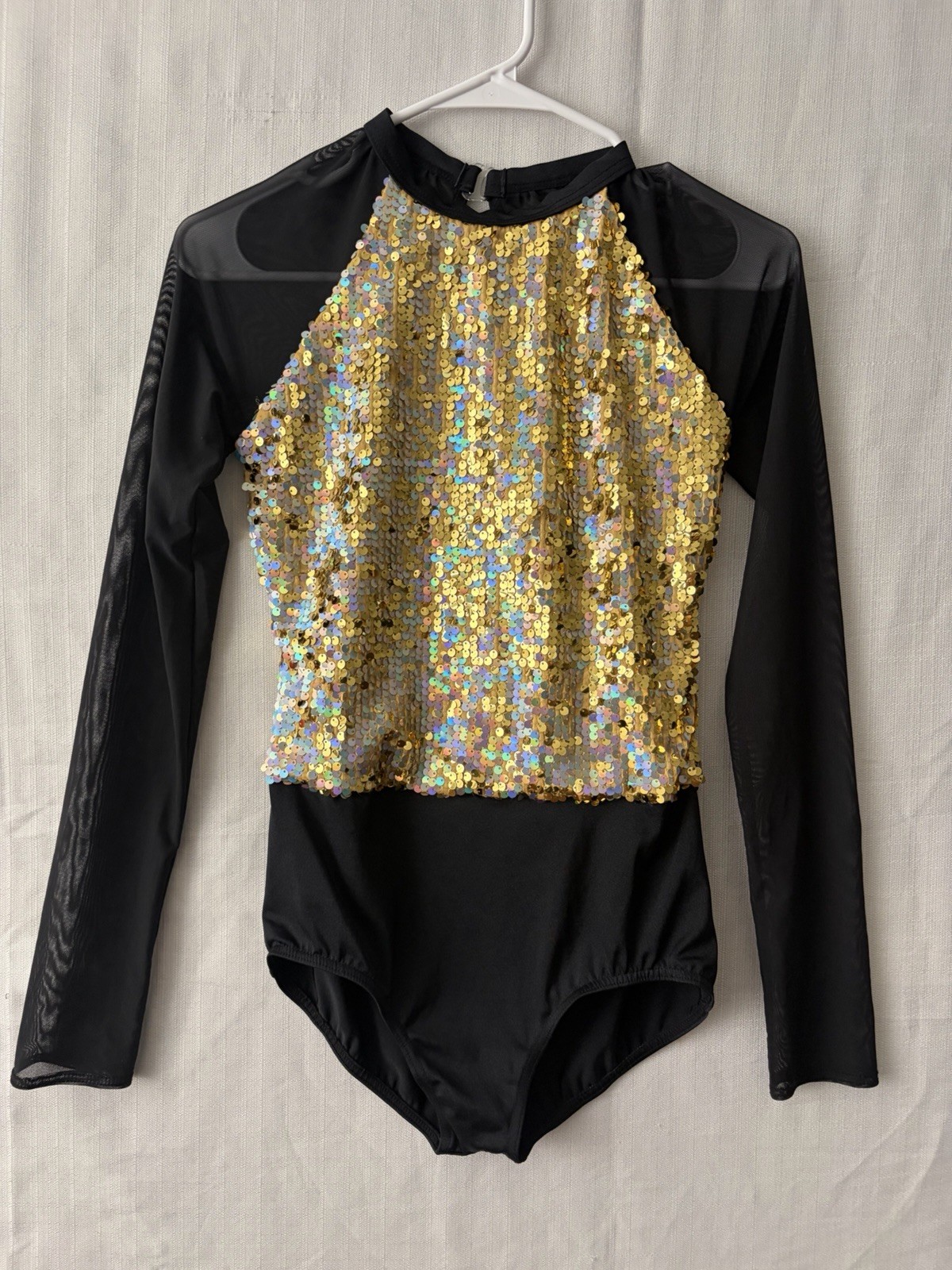 Weissman Size MA Adult Gold Sequin Black Mesh Long Sleeve Leotard Excell.(A642)