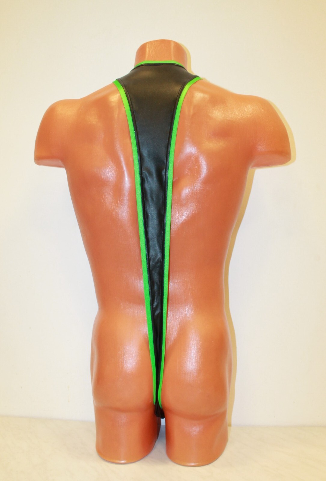 Men Thong Open Leotard 154-29 Black Spandex Leather-like Green Edging One Size