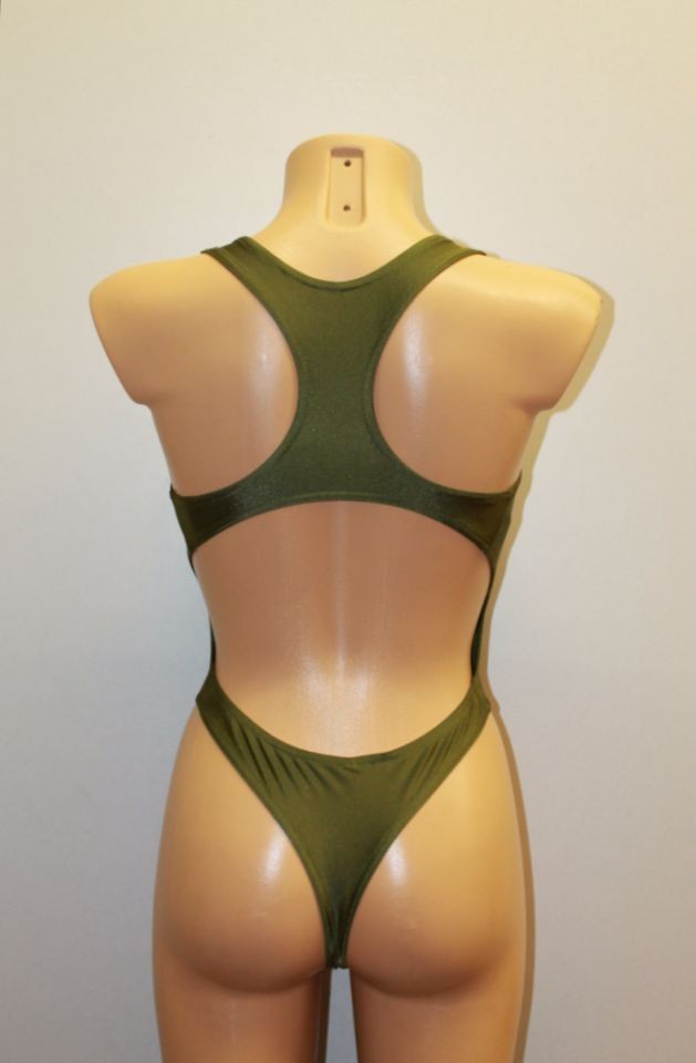 Women Thong One-piece Leotard 202-13 Racerback Oзen Back Khaki Spandex Size S