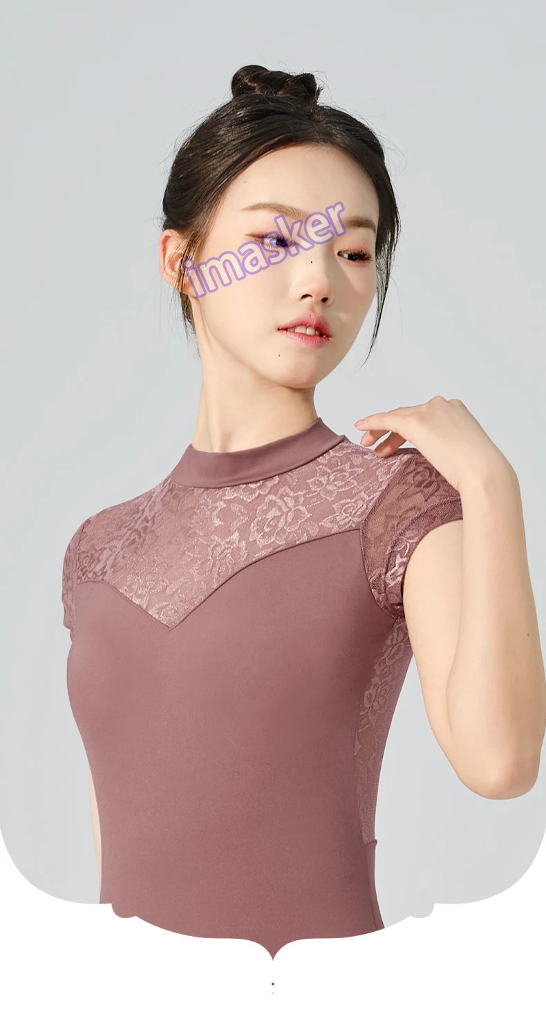 Women Ballet Adult Lace Splice Gymnastic Leotard Short Sleeve Dance Leotards
