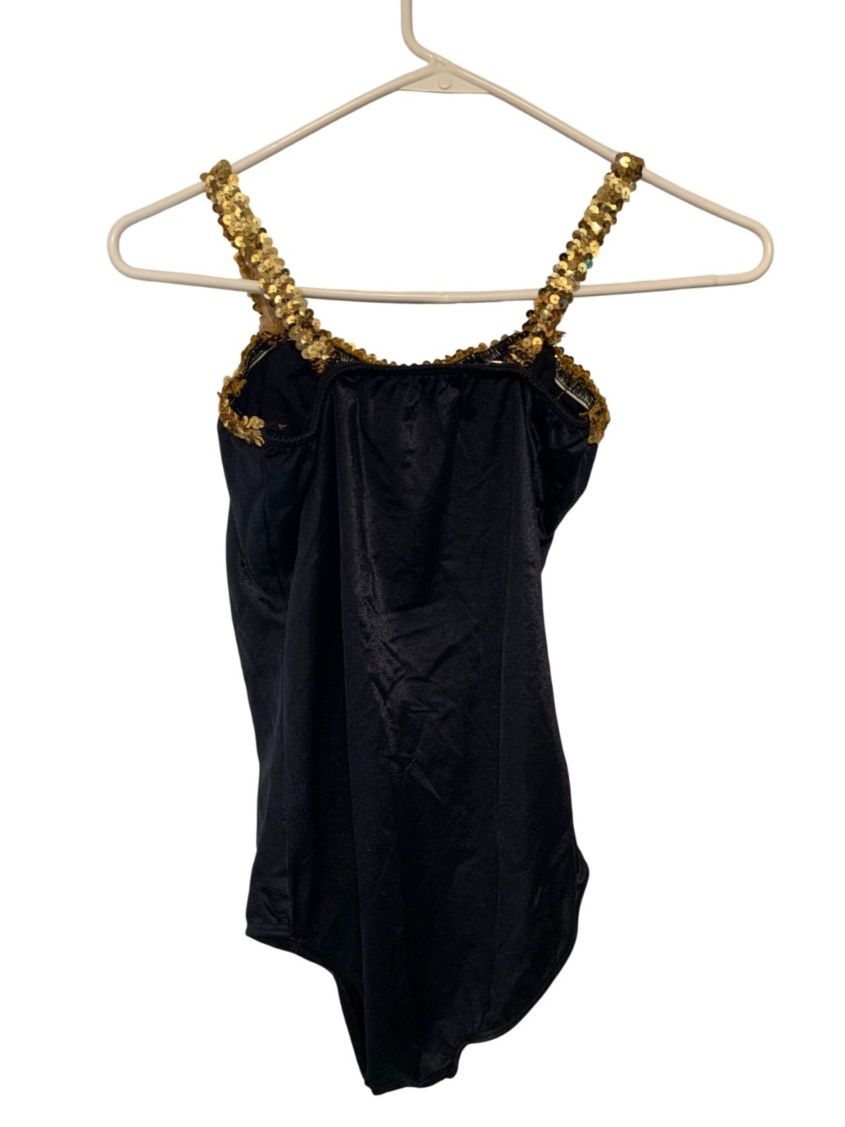 Adult Large 1 piece Bodysuit Leotard Black Gold Sequined Sleeveless Sparkle Blin