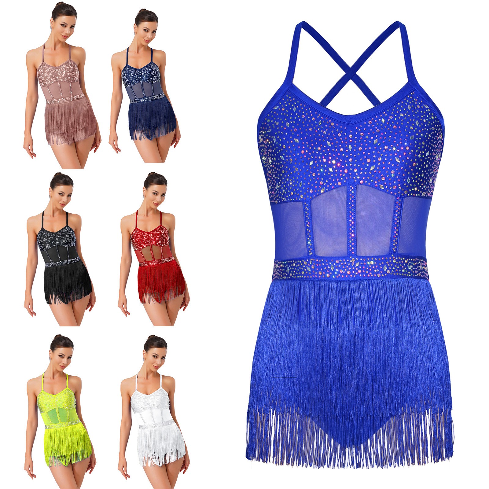 US Women Glittery Rhinestone Latin Jazz Dance Leotard Fringe Leotard Samba Dress