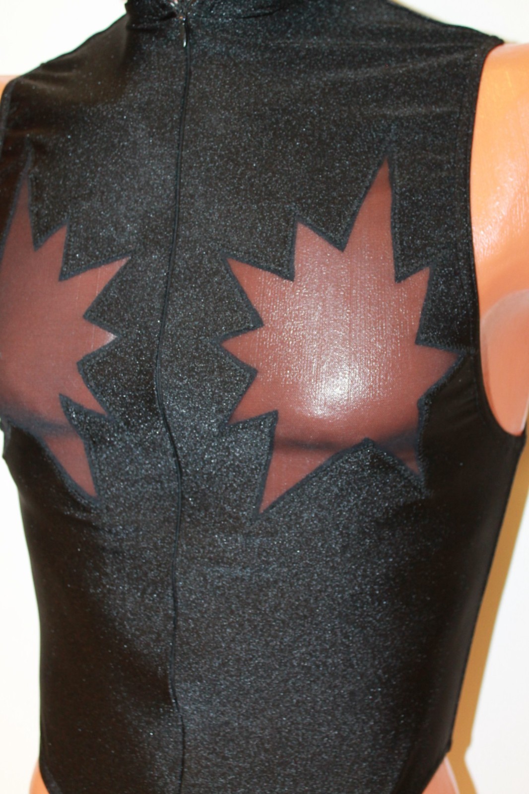 Men Thong Leotard 153-70 Hood Zipper Front Black Spandex and Black Mesh Size M