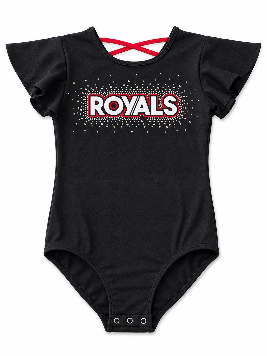 ROYALS Cheer Dance Gymnastics Leotard Adult Medium Black Rhinestone Flutter