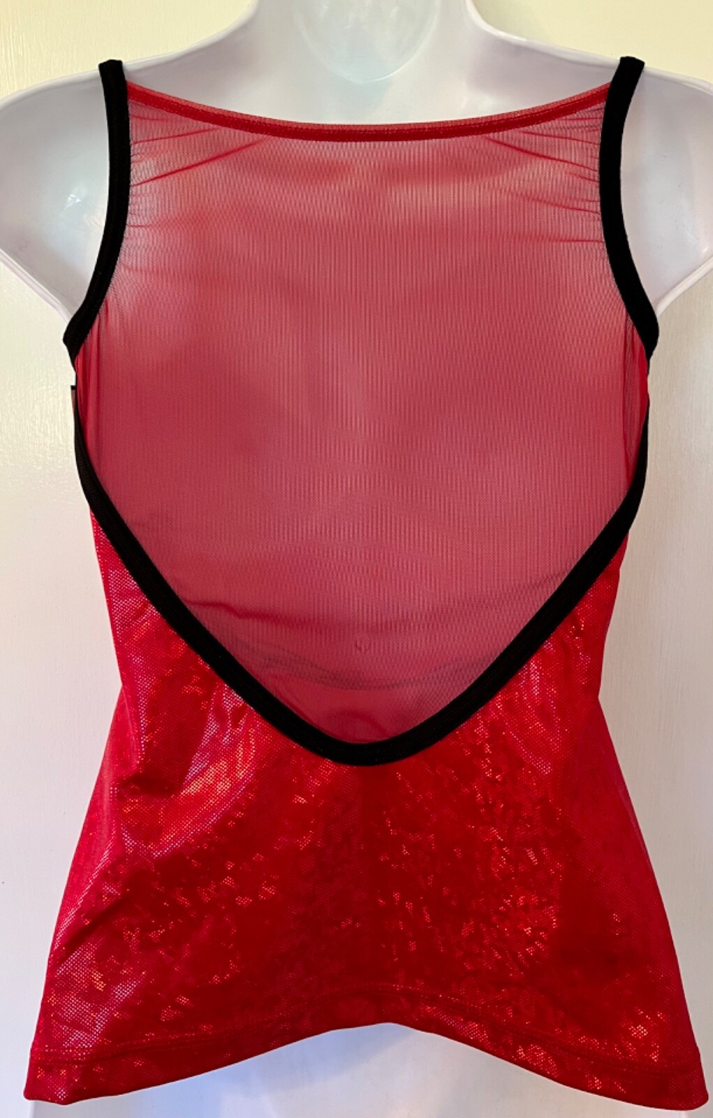 GK DANCE CHEER ADULT SMALL RED FOIL MESH BLACK TRIM RACERBACK TANK TOP Sz AS NWT