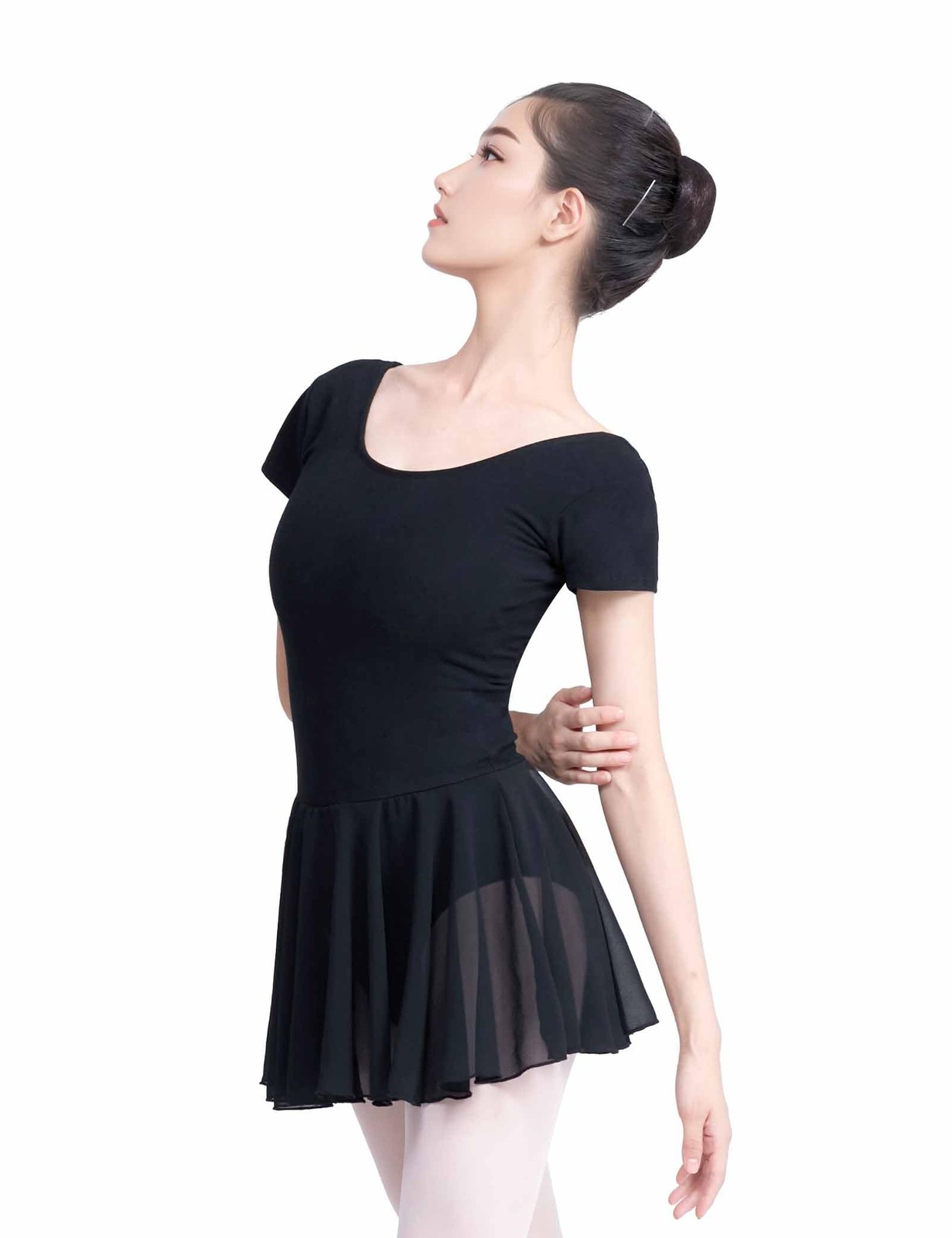 RuiBalletto Short Sleeve Ballet Leotards for Women X-Large, Black-with Skirt
