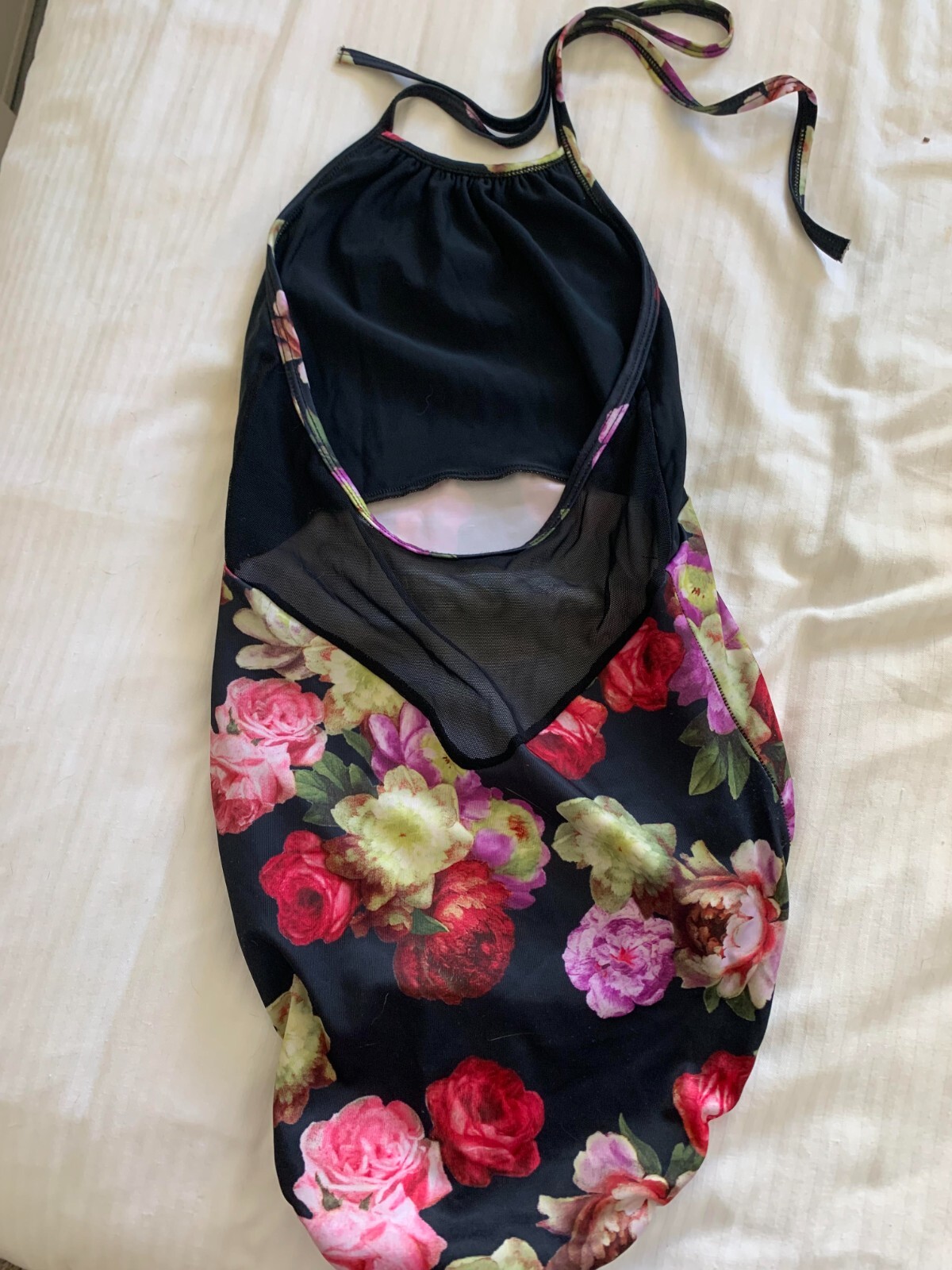 Eleve halter custom design leotard, black with floral rose print, size M