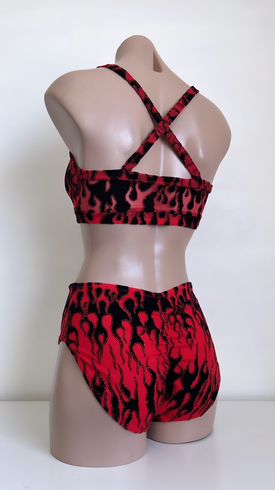 Schminke 🔥 Flames fire pole dance wear mesh UV neon halter crop top & bottoms