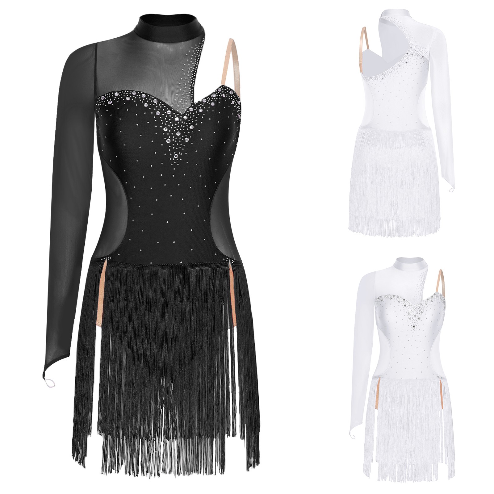 Women’s Ballroom Dance Dress Single Sleeve Asymmetrical Fringed Dress Dancewear