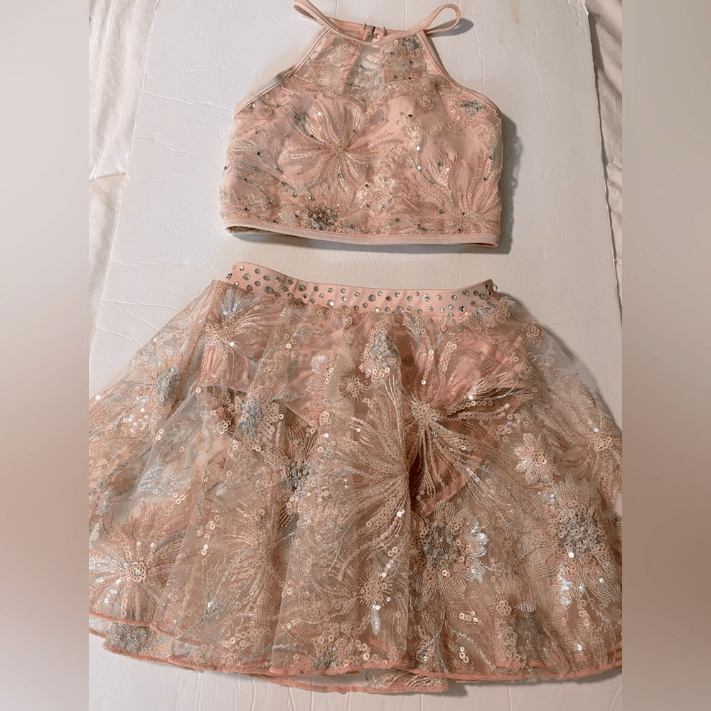 Solo glamorous dance costume leotard 2 piece pink embroidered lace rhinestone LC