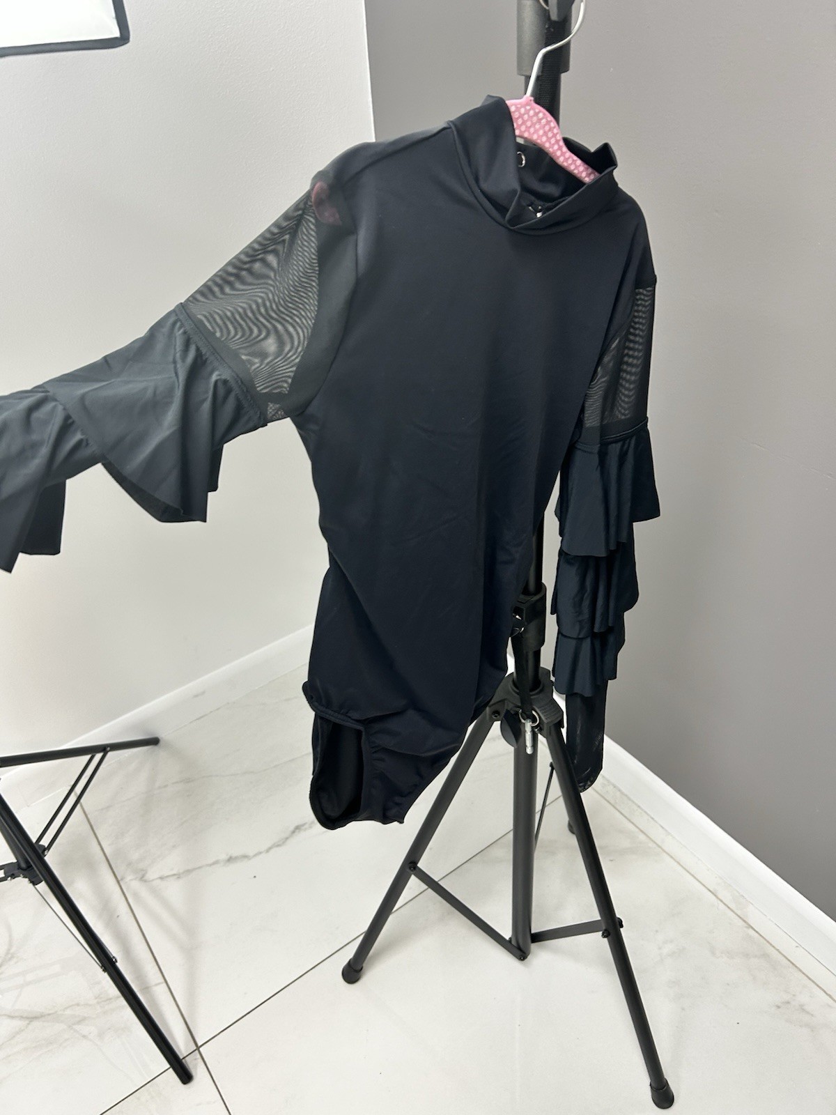 Weissman Black Solid Mesh Ruffle Long Sleeve Women’s Dance Leotard MT11834