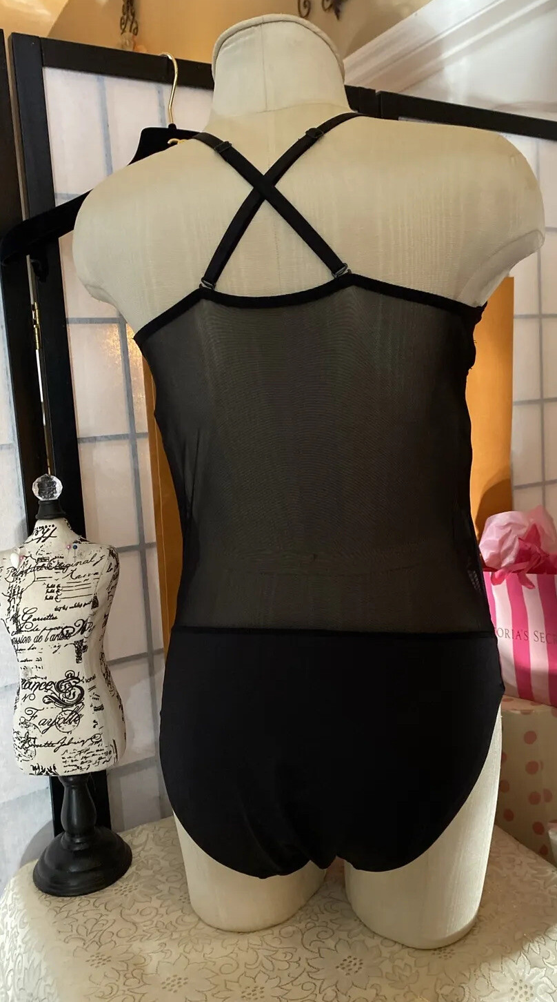 Capezio NWT Sexy Blk Plunge Neck Mesh Midriff Leotard Body Suit Women L