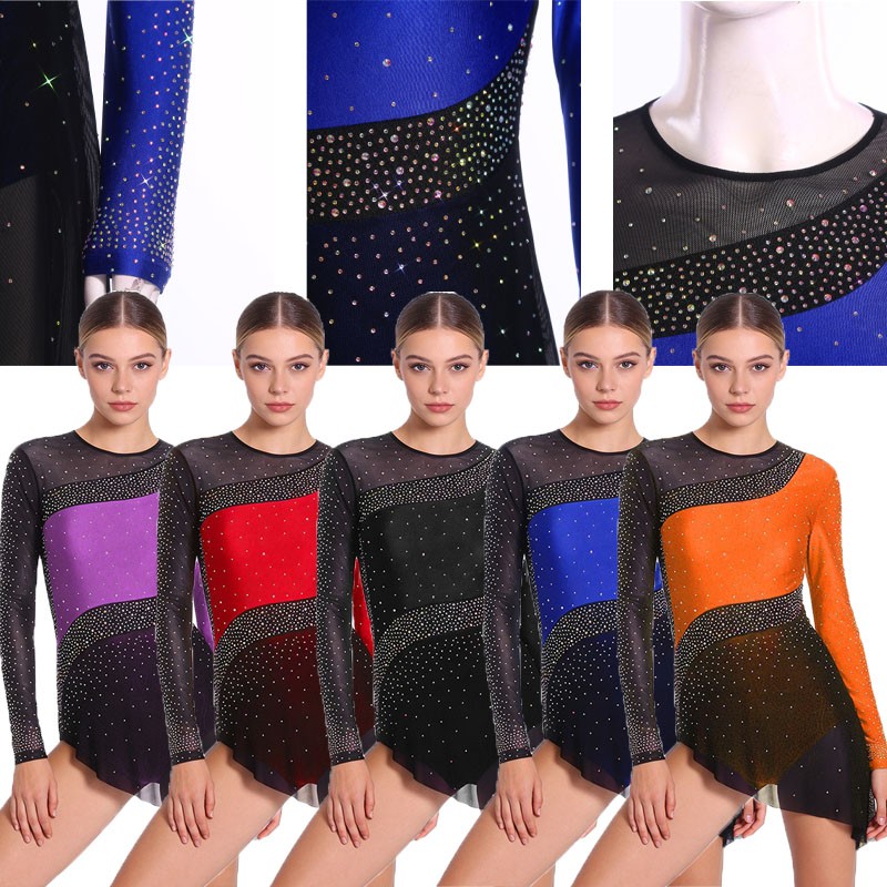 Womens Figure Skating Bodysuit Dress Ballet Lyrical Dance Leotard Roller Skating