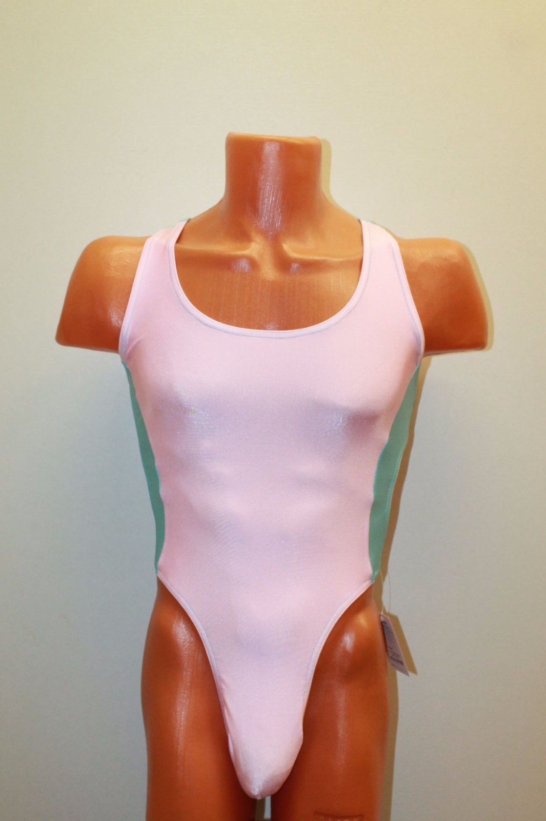 Men Thong Leotard 152-14 Racerback Light Pink and Light Blue Spandex Size S