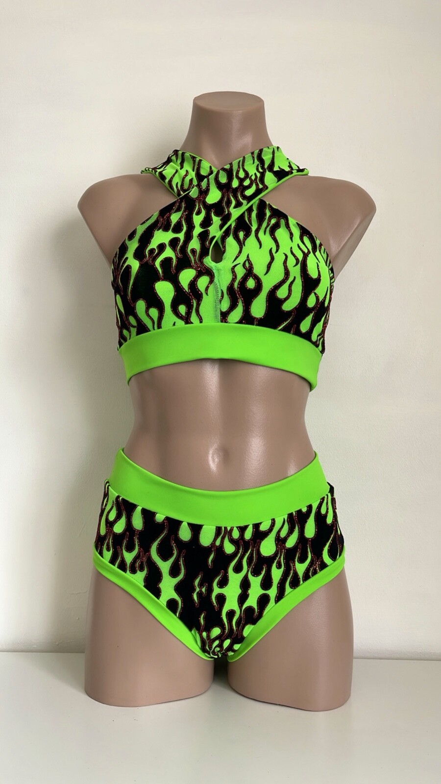Schminke 🔥 Flames fire pole dance wear mesh UV ethereal neon crop top & bottoms
