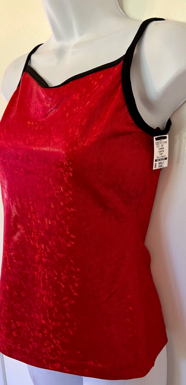 GK DANCE CHEER ADULT SMALL RED FOIL MESH BLACK TRIM RACERBACK TANK TOP Sz AS NWT
