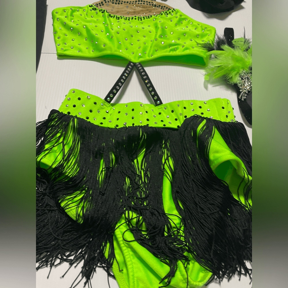Glamour solo dance costume leotard neon green embellished rhinestoned SA adult