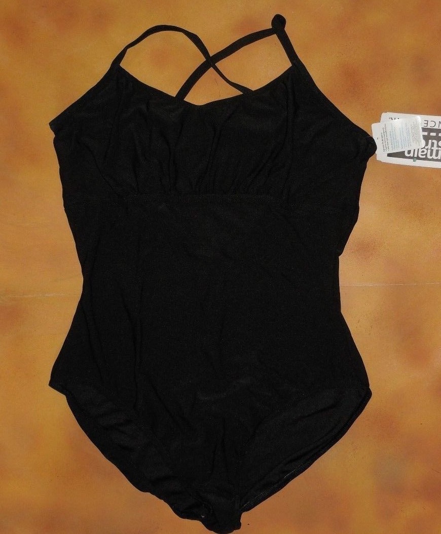 NWT Black Camisole Leotard Empire Line Rhinestone Back Detail Extra Large Adult