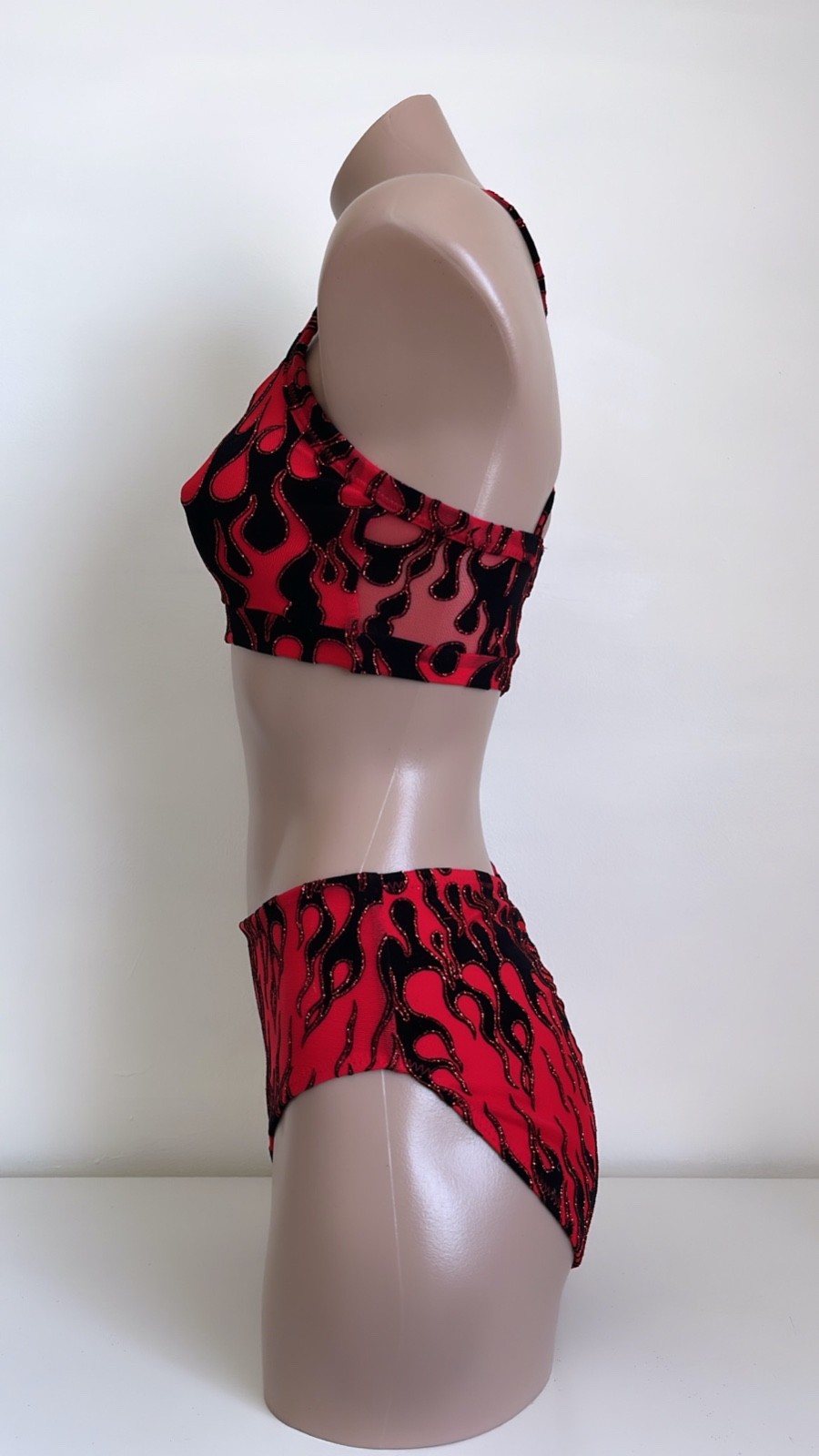 Schminke 🔥 Flames fire pole dance wear mesh UV neon halter crop top & bottoms