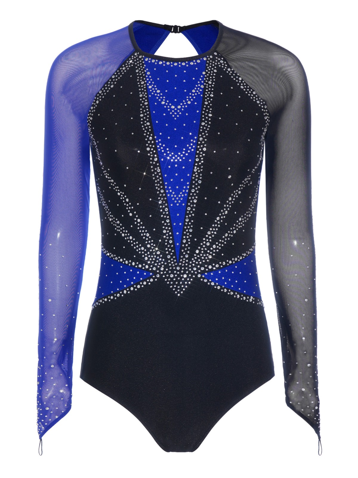 Women Leotard Back Cutout Bodysuit Stage Dancewear Color Block Rhinestones Yoga