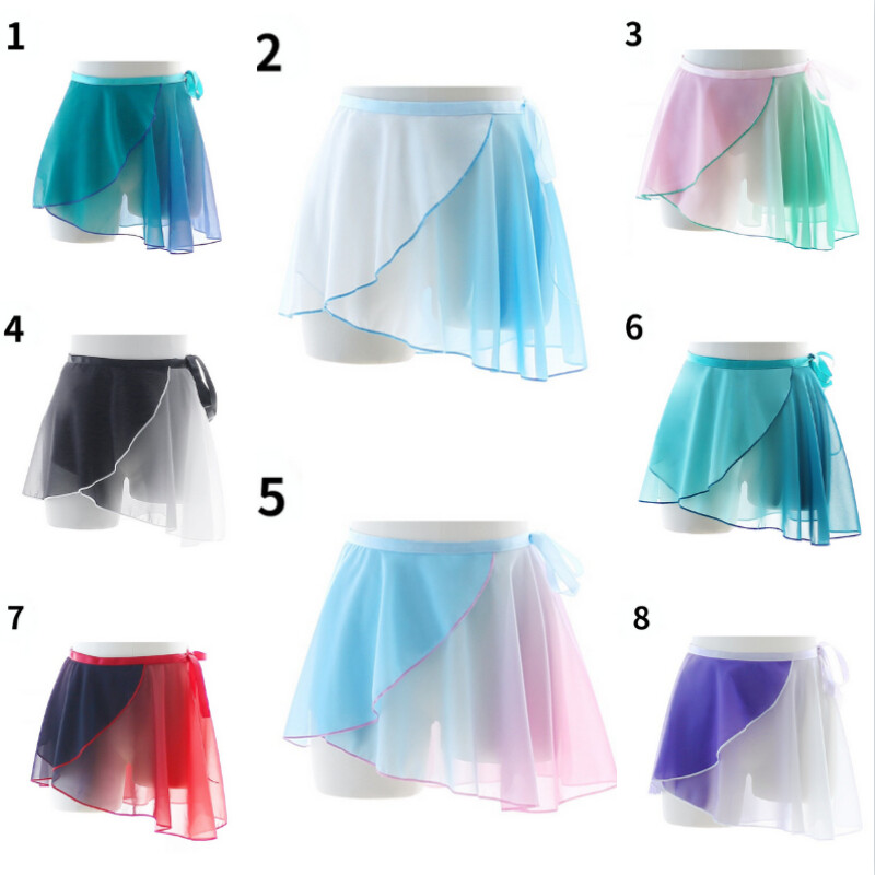 Women Ballet Dance Wrap Skirt Mini Chiffon Practice Gradient Color Dancewear New
