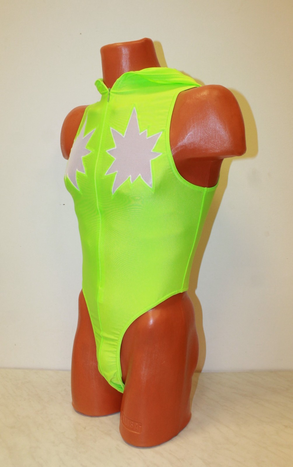 Men Thong Leotard 153-70 Hood Zipper Front Green Spandex and White Mesh Size L