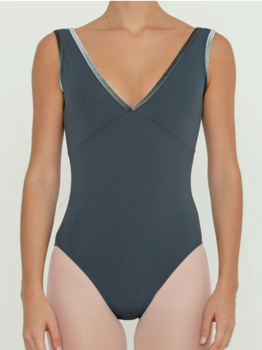 Bullet Pointe Velvet Trim Leotard V-Neck Ballet Dancewear – Gunmetal – Small