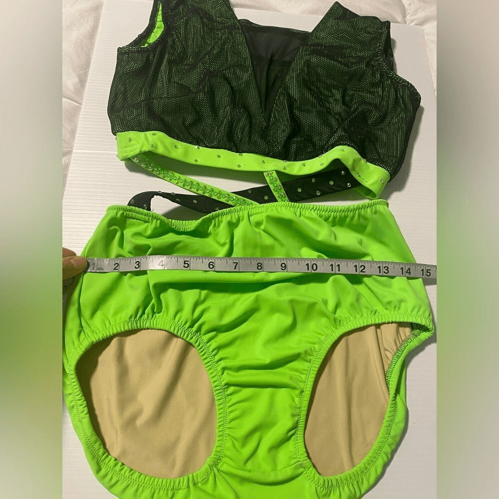 Custom dance solo costume neon green black 2 piece contemporary acro MA LA adult